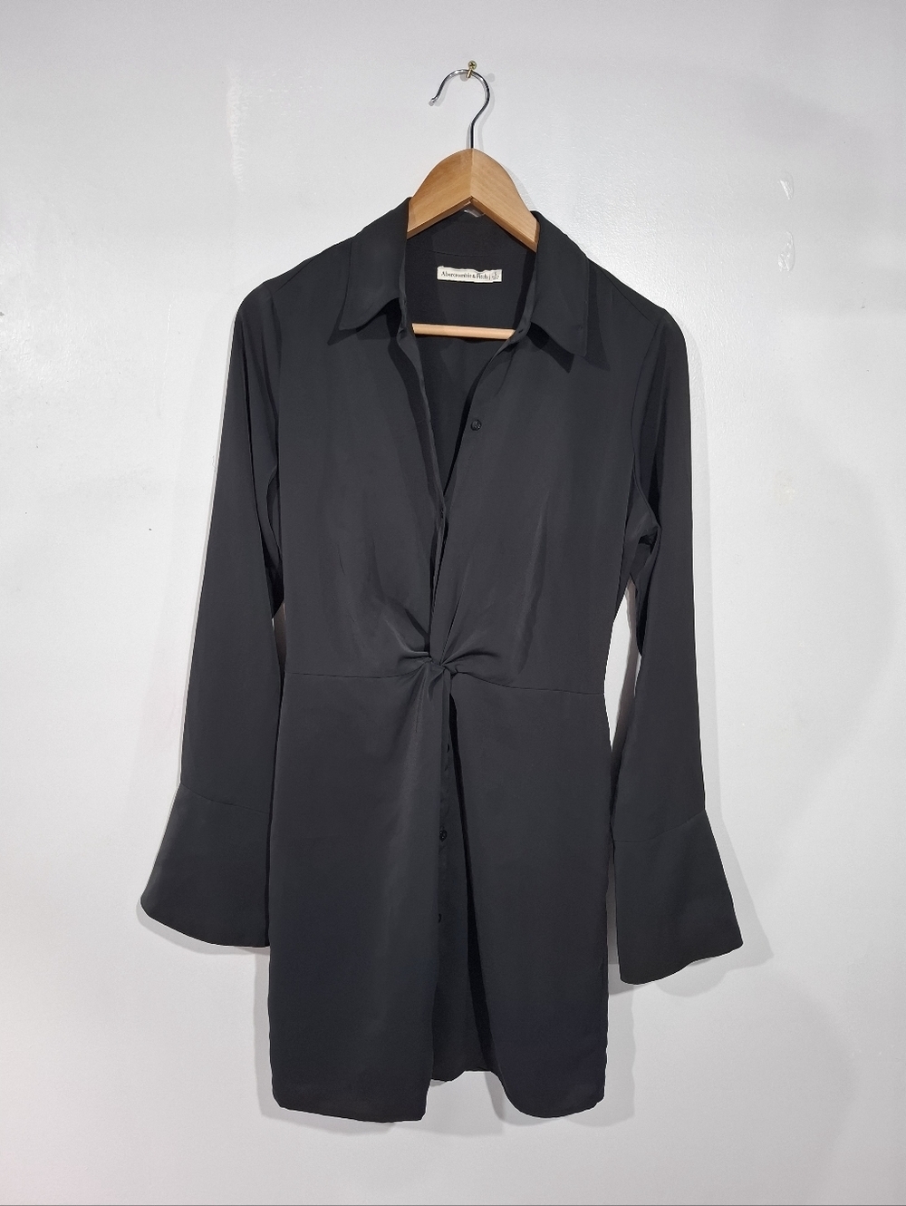 Abercrombie & Fitch Women's Mini Dress Black Twist-Front Long Bell Sleeve Sz S - Picture 2 of 12